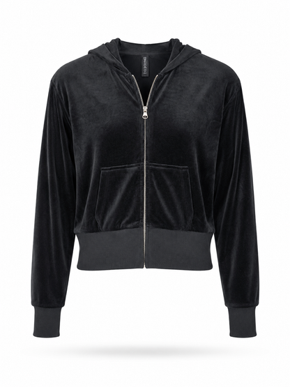 Hoodie de Terciopelo Negro para Mujer | Sudadera con Cierre y Capucha