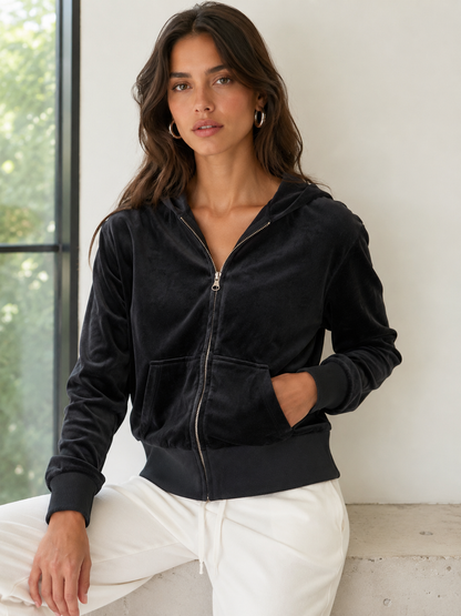 Hoodie de Terciopelo Negro para Mujer | Sudadera con Cierre y Capucha