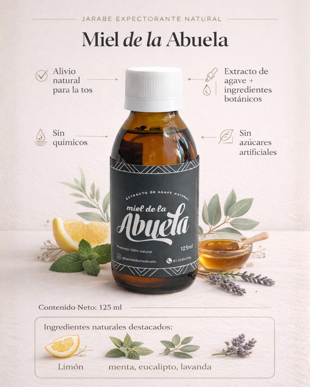 Jarabe Natural para la Tos – Miel de la Abuela – Expectorante con Aceites Esenciales – Sin Químicos, Sin Azúcar Refinada – 125 ml